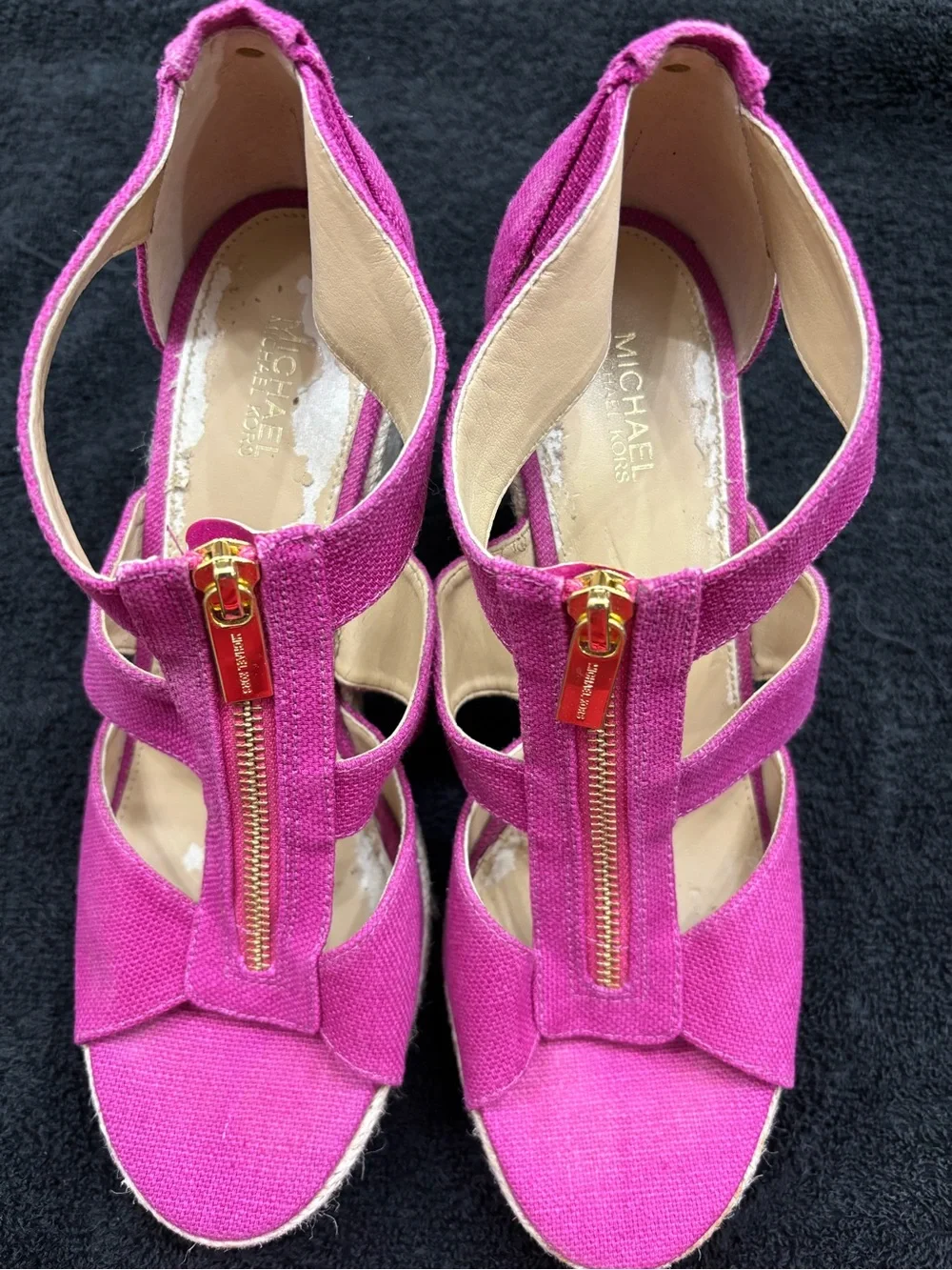 Michael Kors Fuchsia Canvas Espadrille Wedge Sandals with Gold Zipper